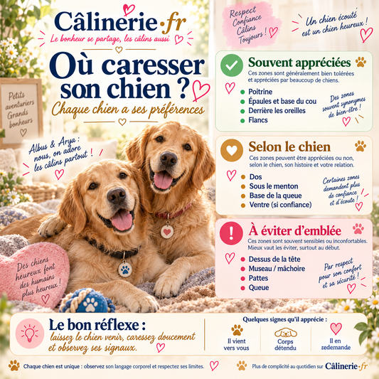 Infographie sur les zones où caresser son chien et les signes de confort à observer
