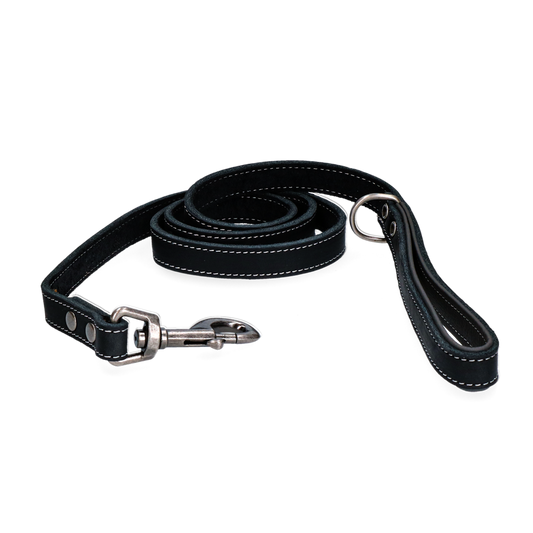 Lederleine mit gepolstertem Griff Schwarz - 130 cm