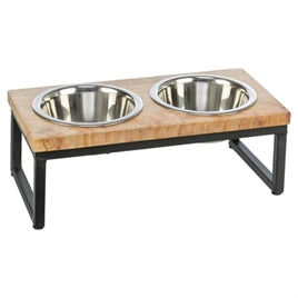 Support double gamelle en bois et métal noir