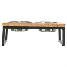 Support double gamelle en bois et métal noir