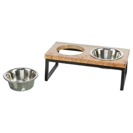 Support double gamelle en bois et métal noir
